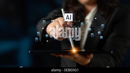 AI neural network and data processing system visualizing artificial intelligence with brain structure, chip, and connected data blocks for computation Stock Photo