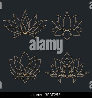 Luxury gold lotus flower in refined line art style. Elegant floral symbol with clean geometry and delicate lines. Ideal for logo design, branding, bea Stock Vector