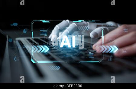 A self-aware AI assistant displays its central processing hub on a futuristic interface. This generative technology demonstrates its capabilities in Stock Photo