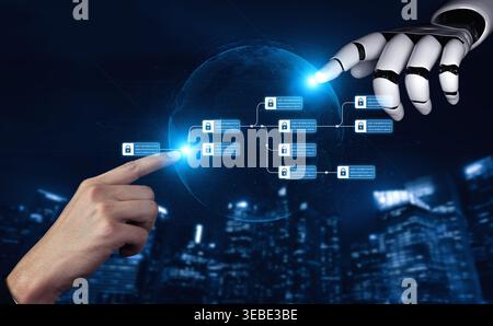 AI enhances blockchain systems by securing encrypted data chains, verifying transactions, and optimizing decentralized network integrity and smart Stock Photo
