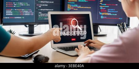 Cyber security software show alert of cyber attack for protection brisk. Danger from virus, phishing and cyber fraud. Stock Photo