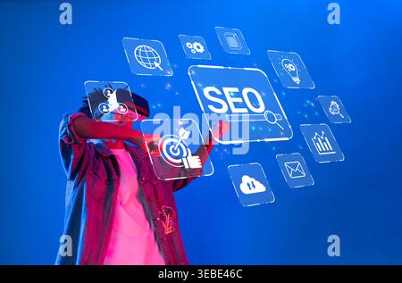 A digital illustration showcasing a person in virtual reality goggles, engaging with search engine optimization concepts and tools in a vibrant and Stock Photo