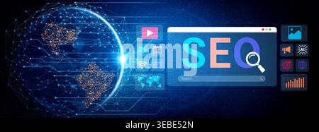 Visual representation of digital marketing strategy focusing on SEO and global connectivity, showcasing data analysis tools and modern technology Stock Photo