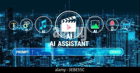 AI Assistant Interface with Digital Background and Media Icons for Content Creation and Editing in a Modern Cityscape Environment Quark. Stock Photo