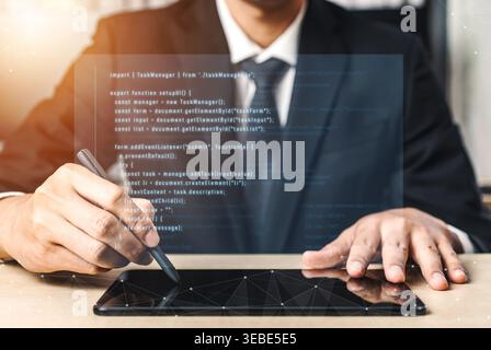 programming for task manager user interface, handling form submission, input validation, task list rendering, and exception alerts with dynamic DOM Stock Photo