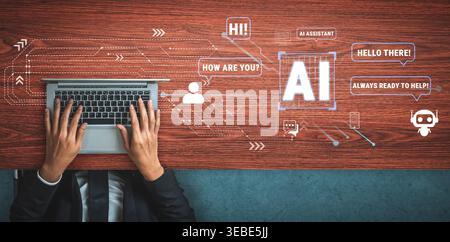 Hands typing on a laptop with digital AI assistant interface displaying greetings and messages, showcasing technology and communication in a modern Stock Photo