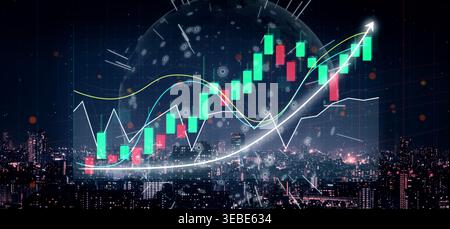 This image showcases a vibrant candlestick graph depicting financial growth over a night urban skyline, emphasizing modern data analytics and Stock Photo