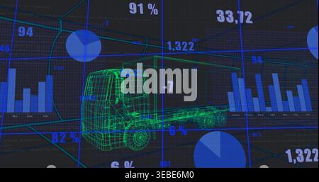 Displaying green wireframe truck model rotating over dark HUD, showing blue bar charts, pie charts Stock Photo