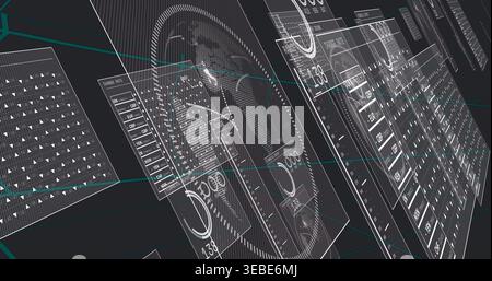 Floating translucent HUD panels showing gauges, readouts, tables, dotted globe in virtual interface Stock Photo