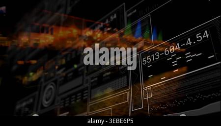 Displaying futuristic HUD floating in virtual workspace showing panels, numeric 5513-604-4 Stock Photo