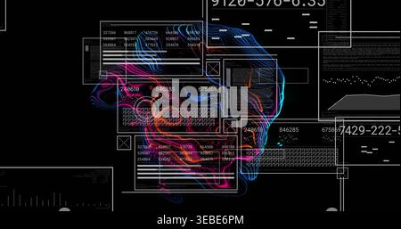 Glowing neon skull silhouette pulsing and floating on dark canvas, showing translucent UI panels Stock Photo
