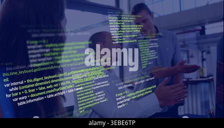 Discussing code, three colleagues in casual shirts gesturing, clapping in office with code on glass Stock Photo