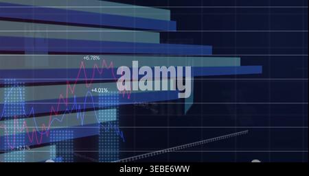 Displaying translucent 3D bars with magenta blue lines on dark navy dashboard, showing percentages Stock Photo