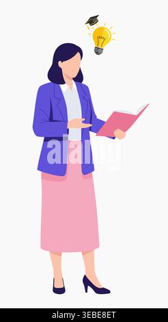 An illustration of a professional woman holding a book. Above her head are a lightbulb representing an idea and a graduation cap symbolizing education Stock Vector