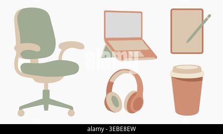 A modern flat vector illustration showcasing essential items for a productive home office or remote workspace. Stock Vector