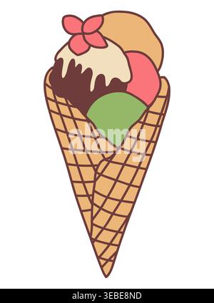Colorful ice cream waffle cone with four scoops Stock Vector