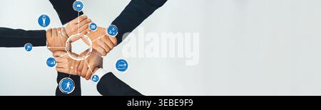A vibrant image capturing the essence of teamwork, featuring diverse hands joined in a circular formation. This visual symbolizes unity, collaboration Stock Photo