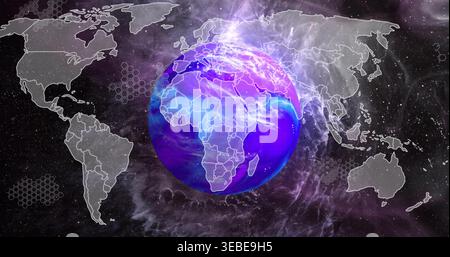 Rotating stylized globe focused on Africa, showing borders against cosmic space, with map outlines Stock Photo