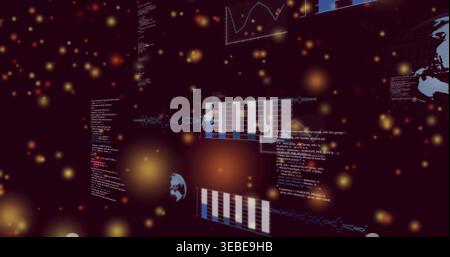 Displaying bar chart panel in 3D dashboard, showing line-graph, code, globes, golden bokeh Stock Photo