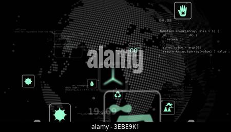 Displaying dotted digital globe projecting floating panels with eco icons and code readouts on HUD Stock Photo