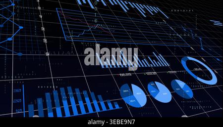 Displaying digital data dashboard on tilted 3D grid, showing bars, pies, lines, binary overlays Stock Photo
