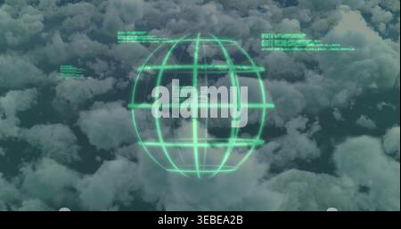 Hovering holographic wireframe globe displaying grid rings above cumulus cloud deck, with HUD data Stock Photo