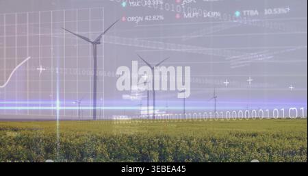 Displaying three-blade wind turbines rising over flowering crops at wind farm, with data overlay Stock Photo