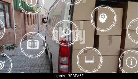 Featuring white cargo van and stacked cardboard boxes occupying narrow service alley, with UI icons Stock Photo