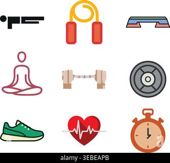 A flat illustration set featuring home workout and fitness lifestyle elements Stock Vector
