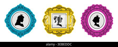 Decorative mirror in invarious decorative elegant vintage ornate frames. Hand drawn photo or mirror. Royal border colorful vector round mirrors. Stock Vector