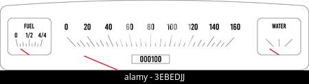 Retro vehicle dashboard gauge, black outline vector panel with speedometer scale, fuel and water indicators, odometer and red needles Stock Vector