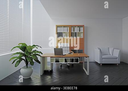 A 3D illustration of a modern private office interior featuring a desk with a laptop, a white chair, a colorful cabinet, and a potted plant. Stock Photo