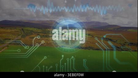 Displaying central circular HUD overlay hovering in open rural moorland, with blue waveform Stock Photo