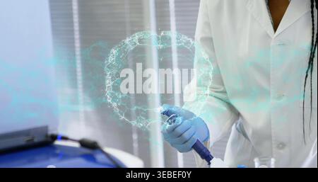 Using pipette, researcher in lab coat, nitrile gloves at bench with cyan molecular ring, copy space Stock Photo