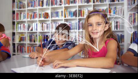 Smiling girl in bright pink sleeveless top and headband sitting at right of library table, pencils Stock Photo