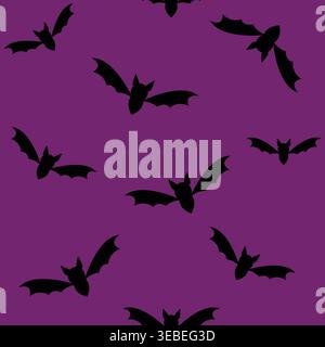 Seamless Halloween pattern with black flying bat silhouettes on purple background. Perfect for fabric, wallpaper, wrapping paper, and spooky seasonal Stock Vector
