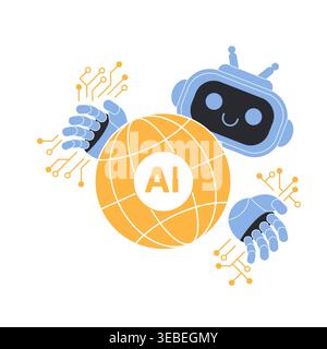 Friendly cartoon robot character hugging yellow AI globe with circuit board elements, symbolizing artificial intelligence, innovation and technology, isolated on white background vector illustration Stock Vector