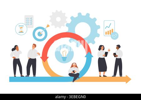 Business team working with agile scrum methodology, planning tasks, analyzing charts and improving productivity with iterative cycle and gears, isolated on white background vector illustration Stock Vector