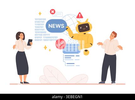 Cartoon robot analyzes digital data and warns confused users about fake online news, misinformation and disinformation risks, isolated on white background vector illustration Stock Vector
