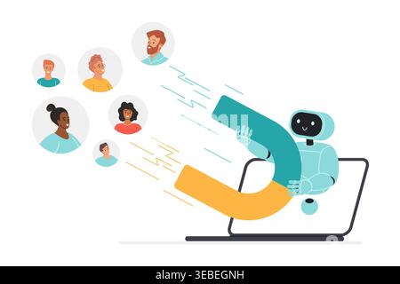 Cute AI robot emerges from laptop holding magnet, attracting diverse online customer avatars, concept for digital marketing, lead generation and customer acquisition isolatedvector illustration Stock Vector