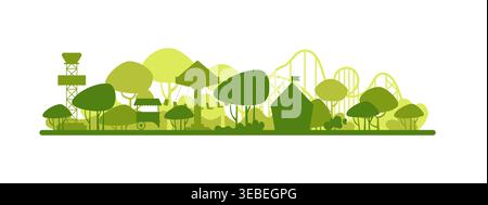 Flat green amusement park landscape with trees, roller coaster and buildings in simple silhouette style, eco friendly theme, isolated on white background vector illustration Stock Vector