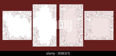 Botanical Frames Set. Backgrounds with Branch Berries Currant Line Art in Pastel Rose. Isolated elegant White Square and Horizontal template with Stock Vector