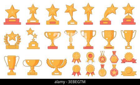 Golden award minimalistic collection with cups, star trophies, medals, badges and laurel wreaths for winners, competitions and achievements isolated on white background flat line vector illustration Stock Vector