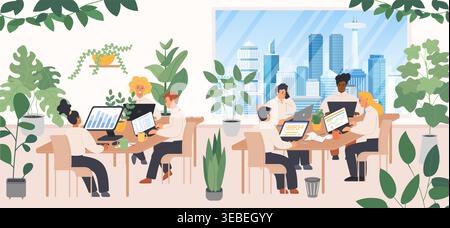 Modern green office with diverse coworkers collaborating at laptops and computers, surrounded by indoor plants and large city skyline window, eco friendly business workspace vector illustration Stock Vector