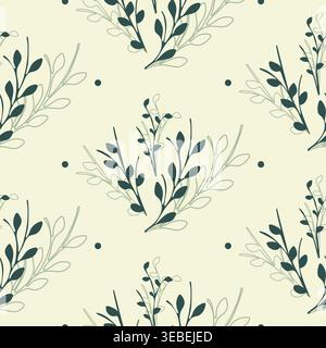 A beautiful seamless floral pattern features dark green branches with leaves and lighter green outlined branches on a cream background. Stock Vector