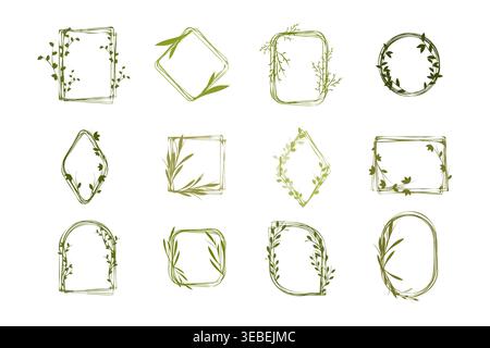 Twelve unique floral frames are displayed, each adorned with green leaves and vine elements. The frames come in various geometric and organic shapes, featuring a hand-drawn, rustic style. Stock Vector