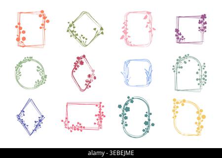 Twelve decorative floral frames in various shapes like rectangles, circles, and ovals, are presented on a white background. Stock Vector