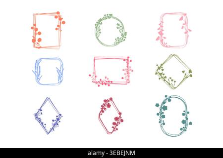 Nine distinct hand drawn floral frames presented on a clean white background. Stock Vector