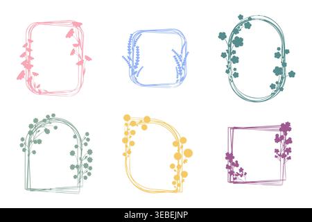 This collection features six individual floral frames presented on a clean white background. Stock Vector