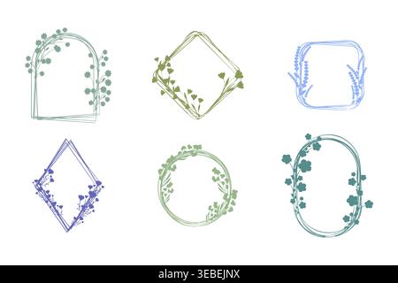 Six distinct floral frames showcasing various shapes including arched, diamond, rounded square, circle, and oval. Stock Vector